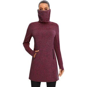 Women's Fleece Dress Running Sweatshirt Dress with Thumb Holes Pocket Wine Red